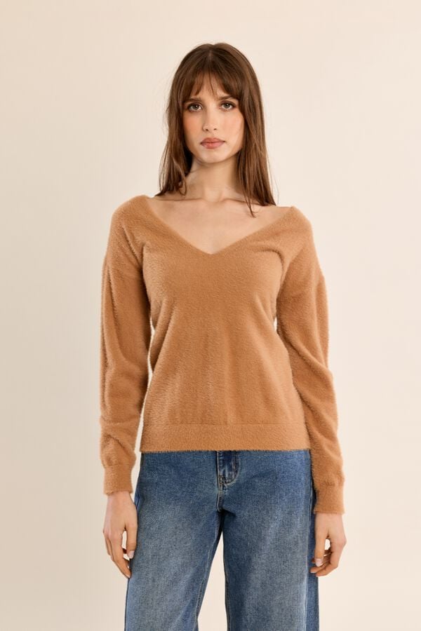 Molly Bracken Camisola de manga comprida com decote em V Tostado