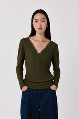 Cortefiel Lace neckline T-shirt Kaki