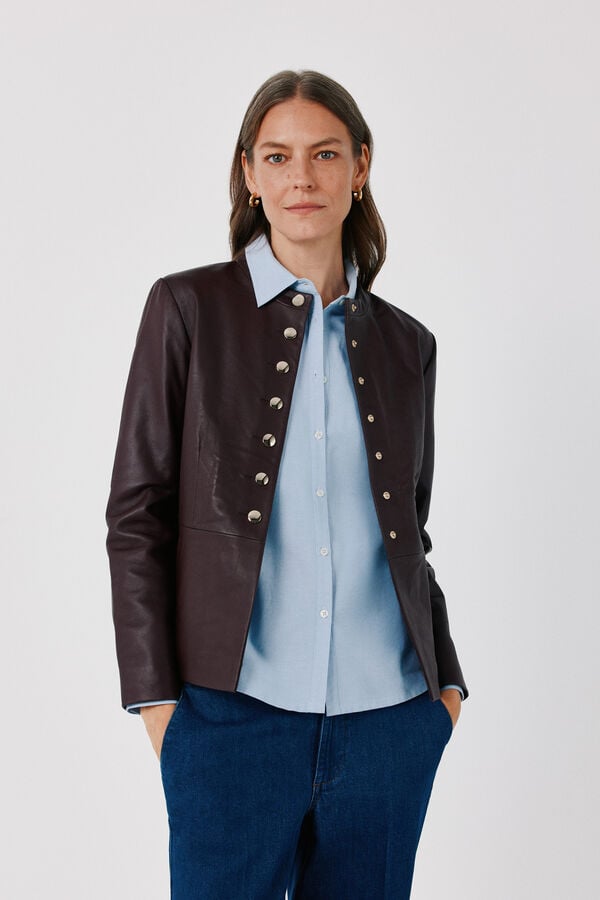 Cortefiel Leather jacket with buttons Maroon