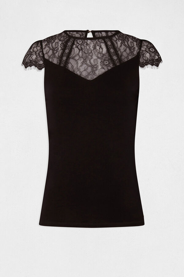 Morgan T-shirt manga curta com renda Preto