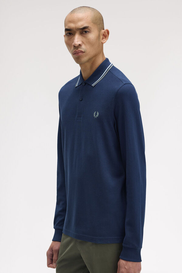Fred Perry Polo piqué de manga comprida masculina Azul