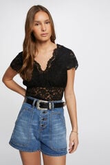 Morgan Camiseta de renda com renda em V Preto