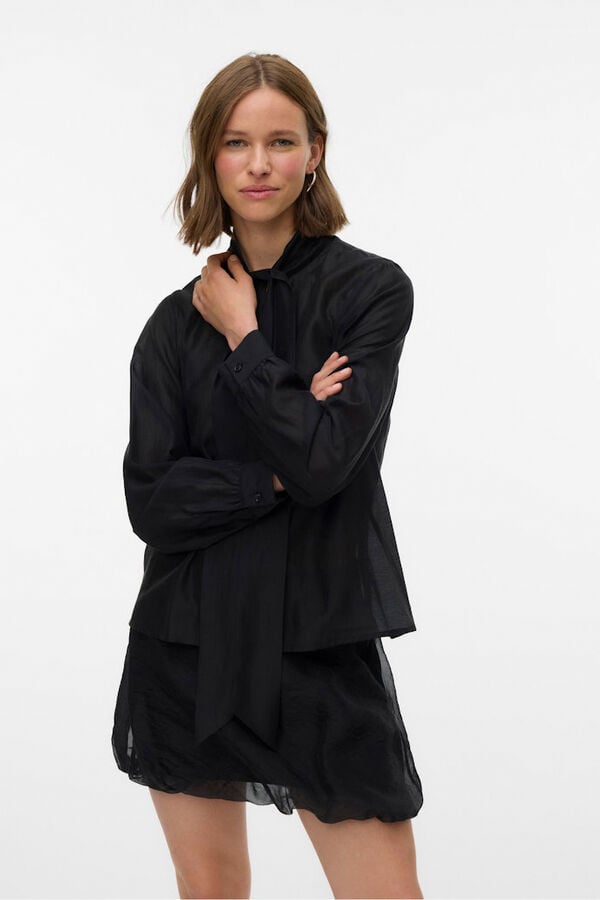 Vero Moda Blusa feminina de manga comprida com laço no gola  Preto