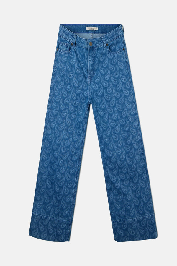 Silbon Calça denim com estampado paisley Azul