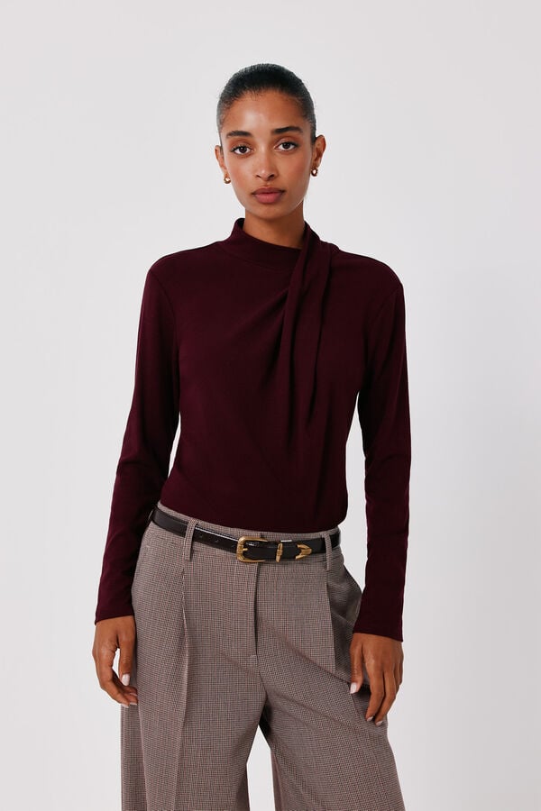 Cortefiel High neck pleated T-shirt Orange