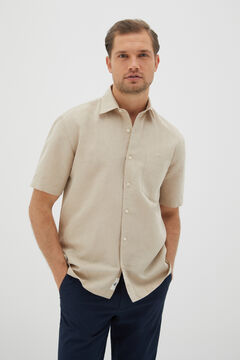 Cortefiel Plain short-sleeved linen shirt Brown