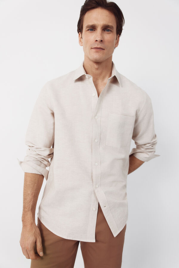 Cortefiel Striped linen cotton shirt Beige