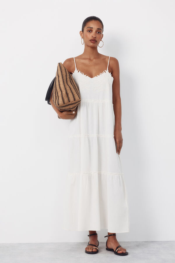 Cortefiel Floral embroidered dress Ivory