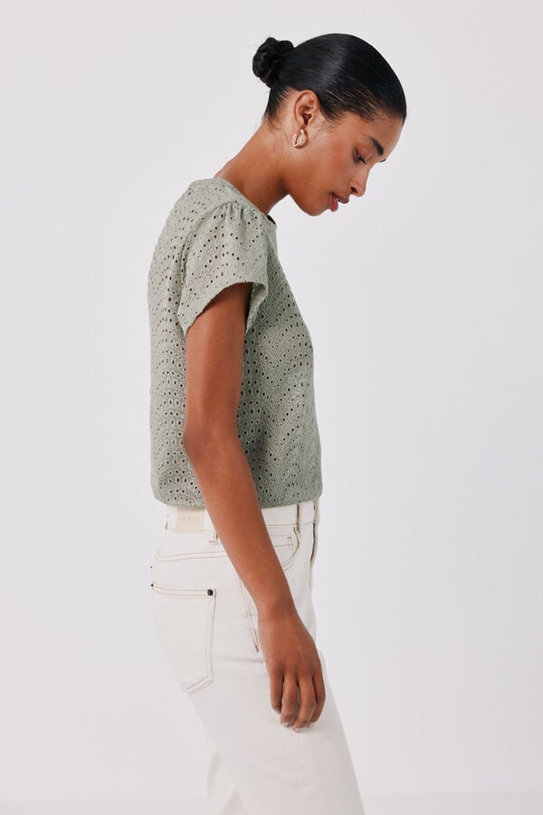 Cortefiel Embroidered crochet t-shirt Kaki