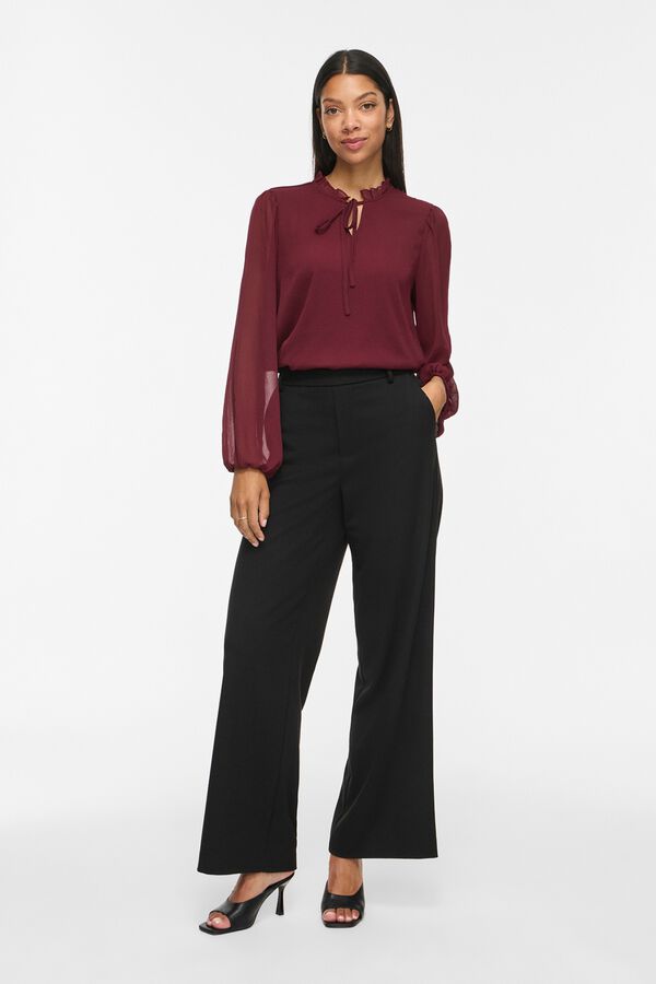 Vila Blusa semitransparente com gola franzida Vermelho