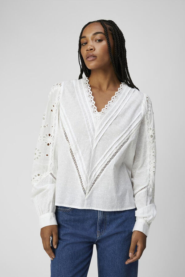 Cortefiel Blouse with lace and perforated embroidery White
