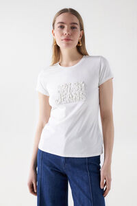 Cortefiel Camiseta logo lentejuelas Beige
