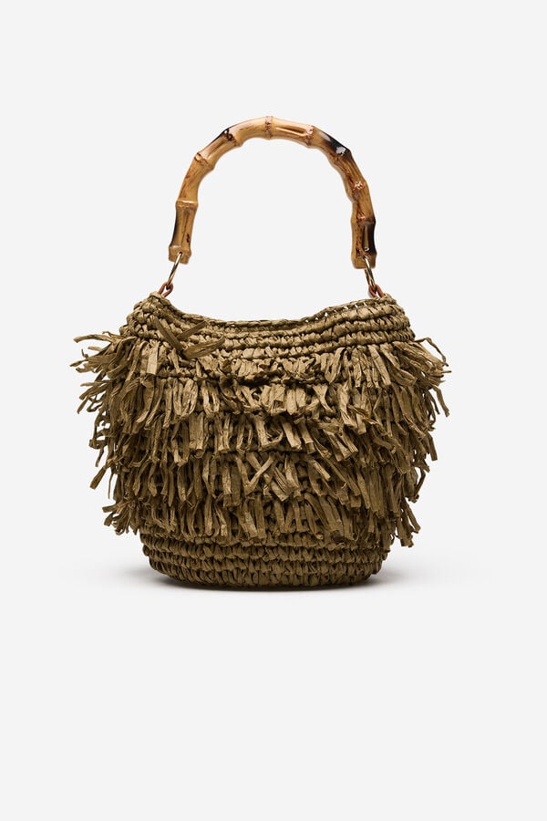 Cortefiel Raffia fringed handbag Kaki