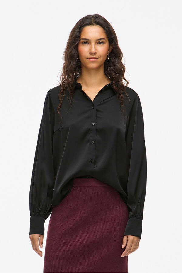 Vila Blusa de cetim de manga manga Preto