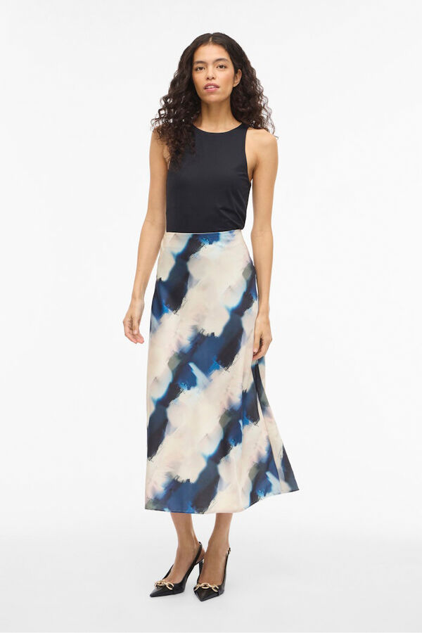Vila Saia midi acetinada estampada Azul