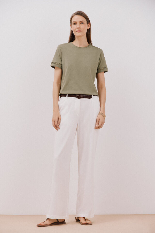 Cortefiel Hemstitch detail t-shirt Kaki