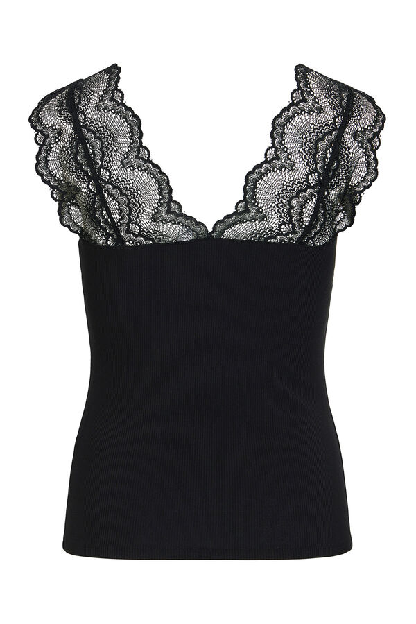 Vila T-shirt canelada com renda Preto