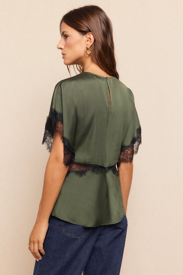Slowlove Blusa de renda de cetim Verde