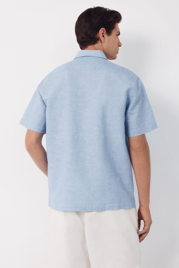 Cortefiel Plain cotton linen short sleeve shirt Blue
