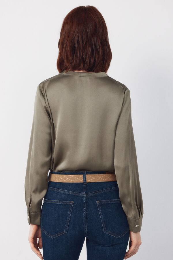 Cortefiel Printed satin mandarin shirt Kaki