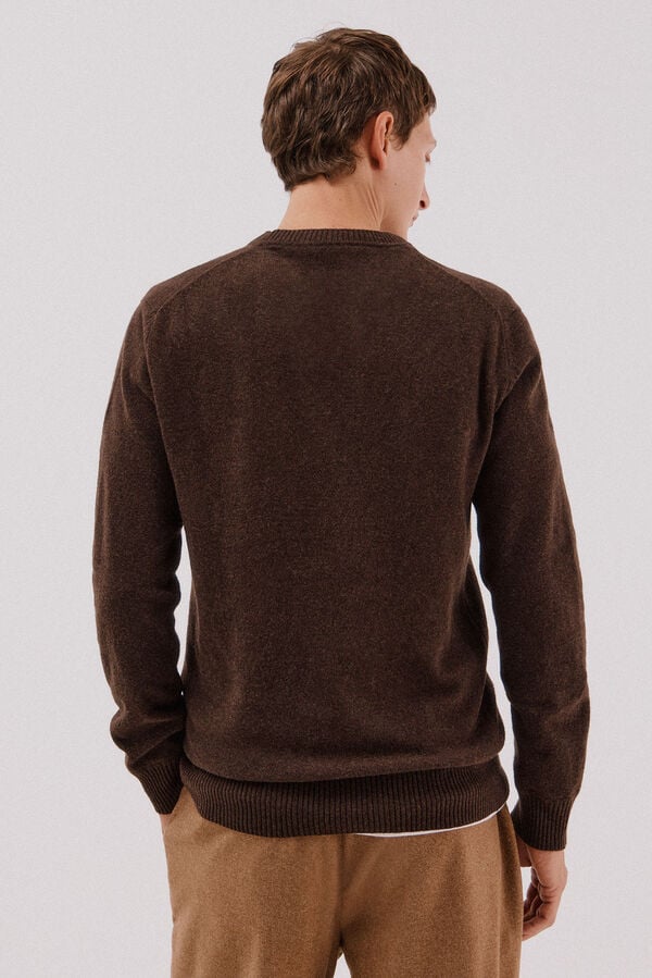 Cortefiel Lambswool jumper with round neck Dark brown