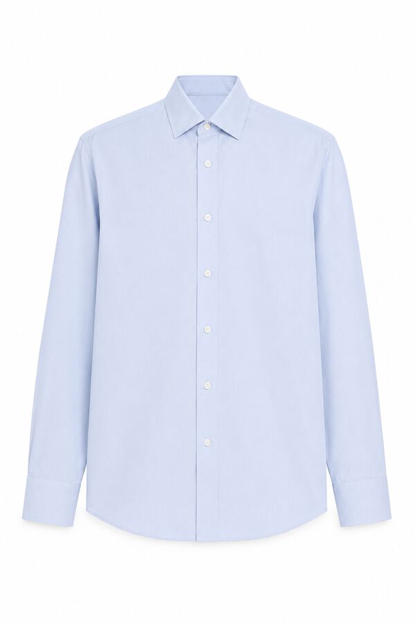 Cortefiel Camisa de vestir lisa de f&aacute;cil engomado com punho para bot&otilde;es de punho Azul