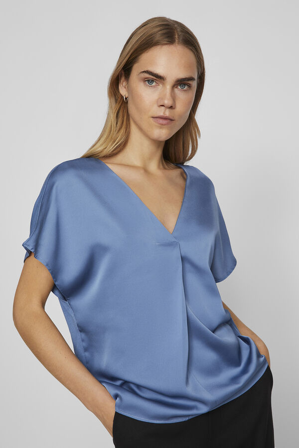 Cortefiel Satin-finish short-sleeved blouse Blue