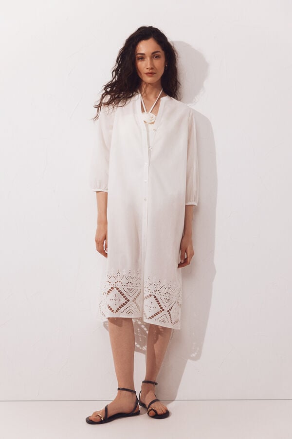 Cortefiel Embroidered cotton kaftan White
