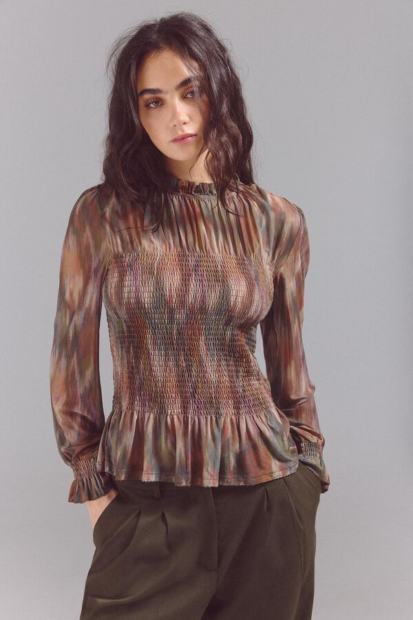 Slowlove Top de tul estampado fruncido Multicolor