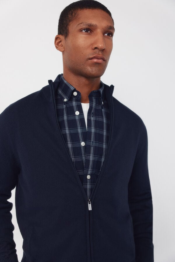 Cortefiel Basic cotton zip fastening cardigan Navy