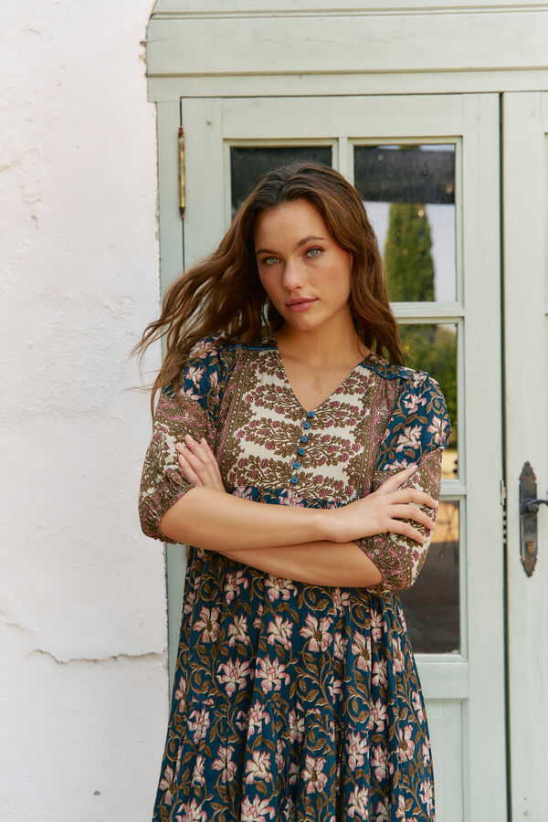 Jaase Vestido midi Eve estampado Nomade Preto