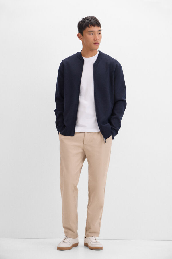 Cortefiel Cotton jersey-knit cardigan with zip fastening Navy