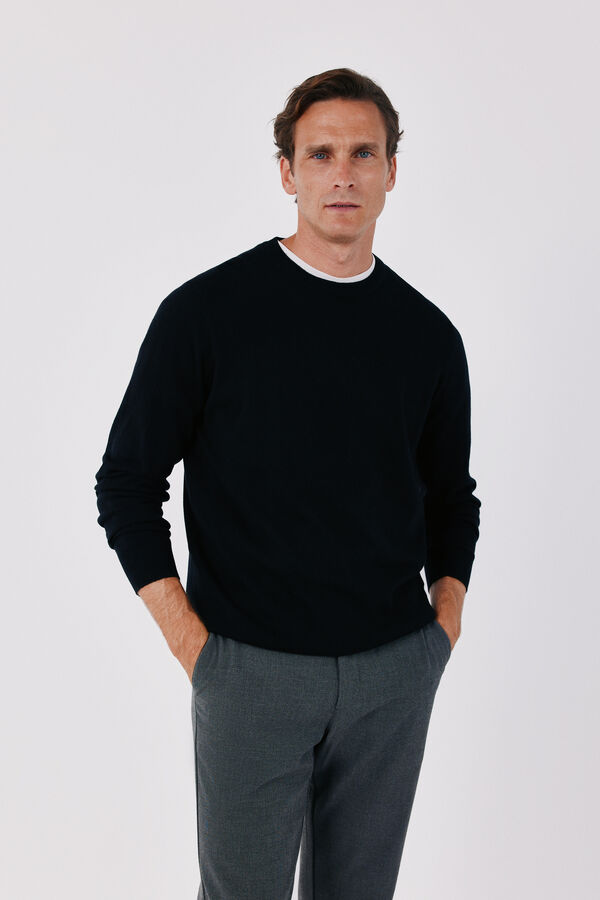 Cortefiel Cotton cashmere knit crew neck jumper Black