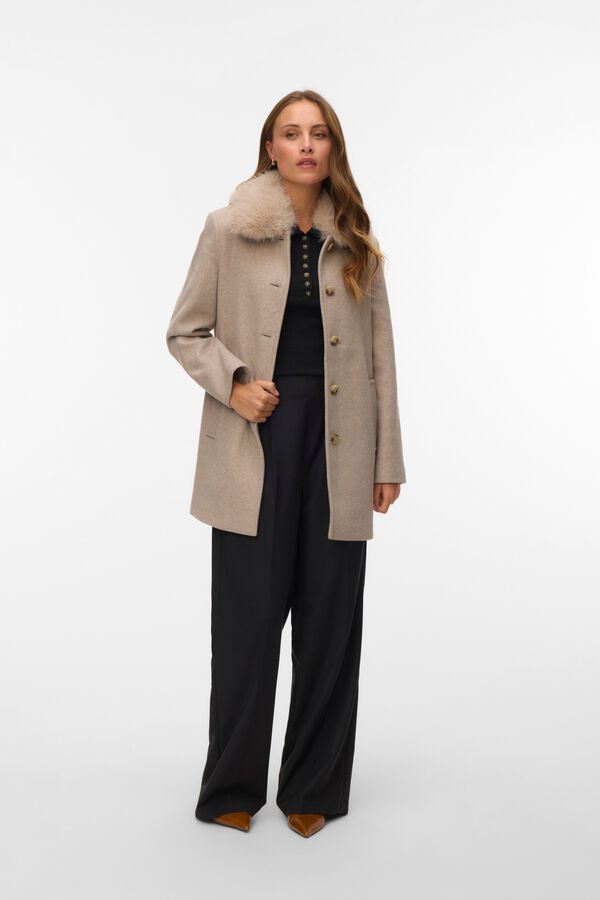 Vero Moda Sobretudo com gola de pelo remov&iacute;vel Castanho