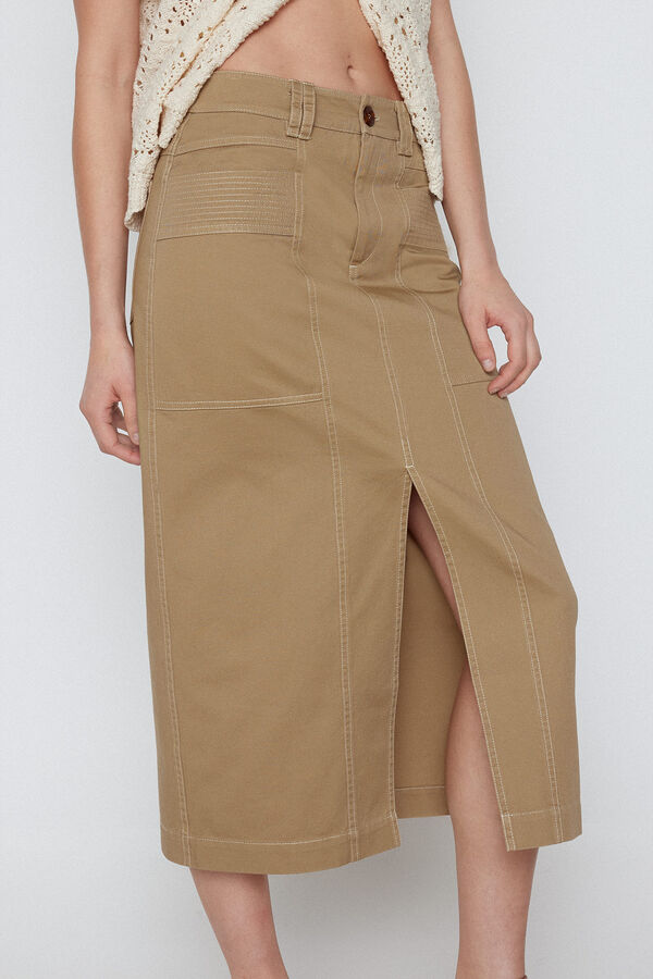 Cortefiel Long cotton skirt Brown