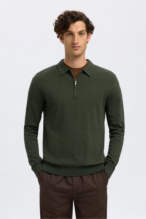 Selected Camisola polo 100% algodão com meia fecho-éclair . Verde