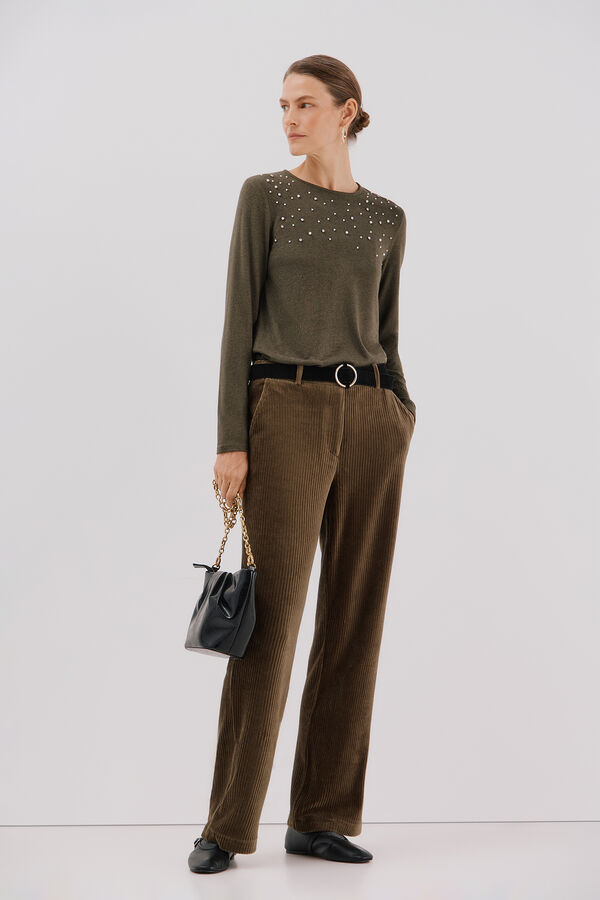 Cortefiel T-shirt with pearl and rhinestone details Kaki