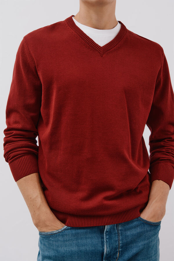 Cortefiel Fine jersey-knit cotton v neck jersey Maroon