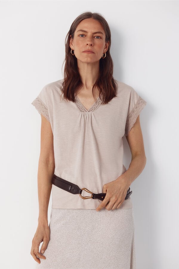 Cortefiel Slub t-shirt with trim Beige