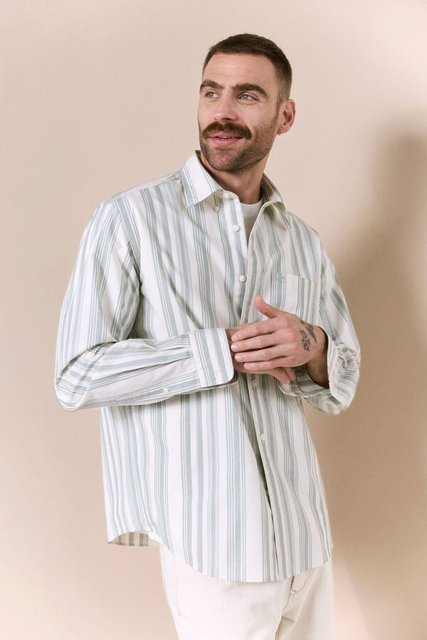 OOTO Camisa &agrave;s riscas manga comprida em popelina Verde