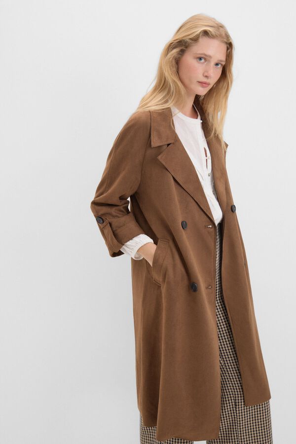 Cortefiel Faux suede trench coat Camel