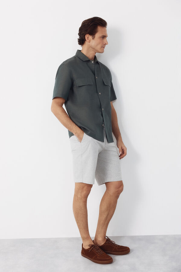 Cortefiel Plain linen cotton bowling collar shirt Kaki