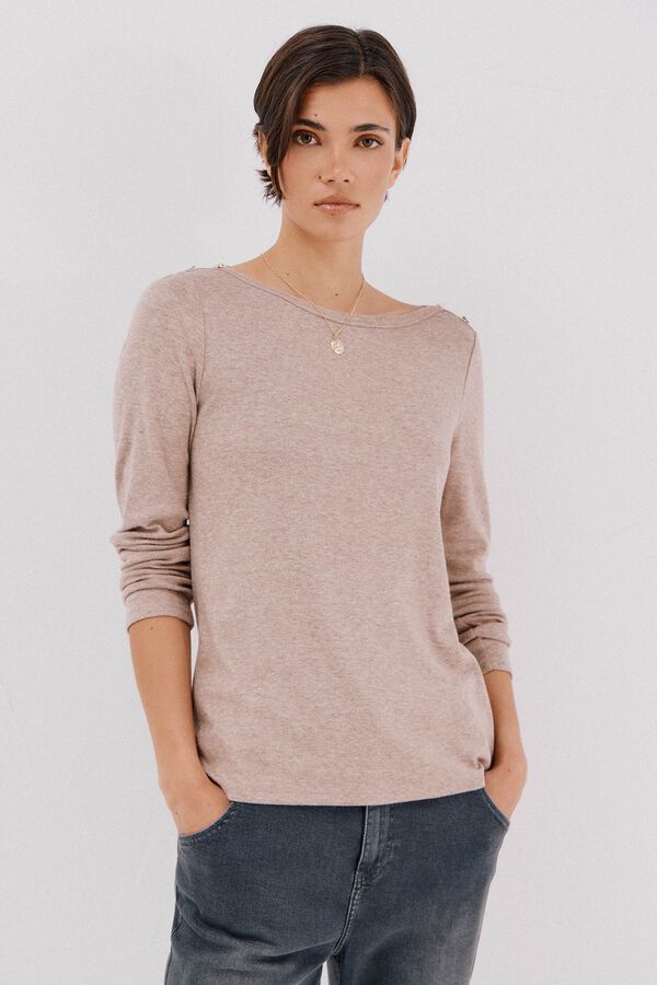 Cortefiel Boat neck top with gold buttons Beige