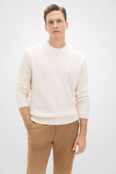 Cortefiel Cable knit jumper with round neck Ivory