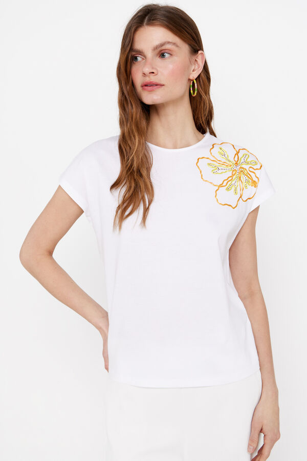 Cortefiel Camiseta bordado flor Blanco