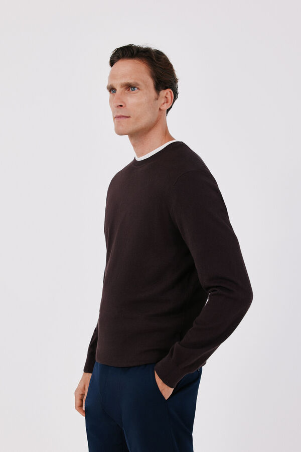 Cortefiel Cotton cashmere knit crew neck jumper Dark brown