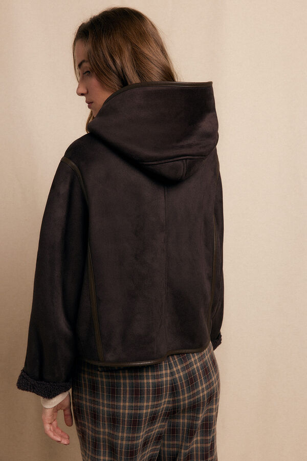 Slowlove Sobretudo curto com efeito dupla face e capuz Castanho