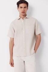 Cortefiel Plain cotton linen short sleeve shirt Beige