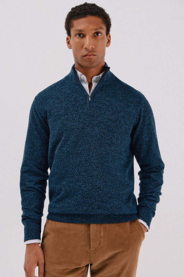 Cortefiel Twisted-knit wool jumper with zip Navy