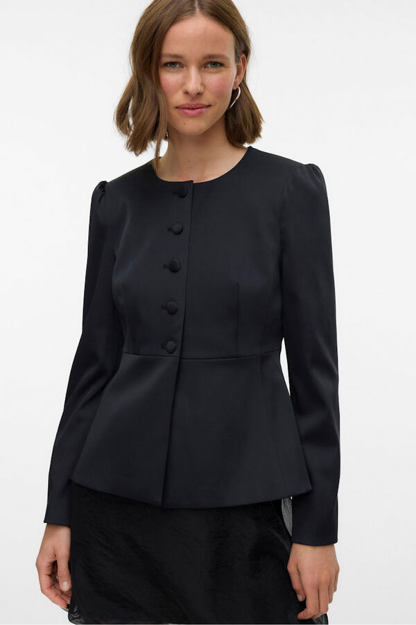 Vero Moda Blazer feminino de cetim com mangas bufantes Preto